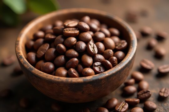 Deep roasted Balinese coffee beans in rustic bowl, texture, Bali coffee