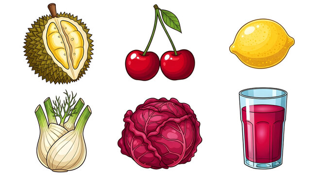 Vibrant assortment of fresh fruits and vegetables including durian, cherries, lemon, fennel, red cabbage, and juice, perfect for healthy lifestyle and culinary themes
