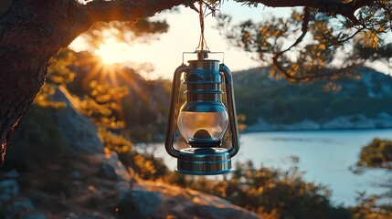 Rustic lantern hanging from tree branch at sunset by the riverbank