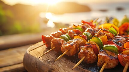 Grilled Meat and Vegetable Skewers with Sunset Background