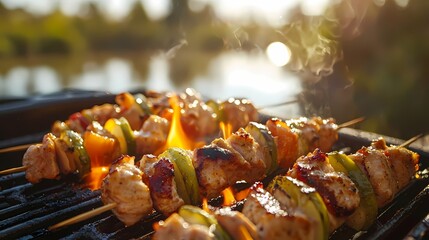 Grilled Chicken and Vegetable Skewers on Barbecue with Flames