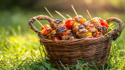 Grilled meat skewers with vegetables in a rustic basket outdoors
