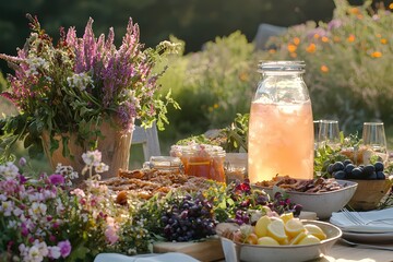 Vibrant Outdoor Feast with Desserts, Drinks, and Colorful Flowers