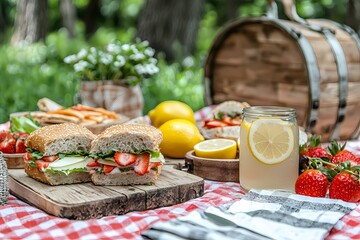 Fresh Picnic Spread with Strawberry Sandwiches and Lemonade Drink