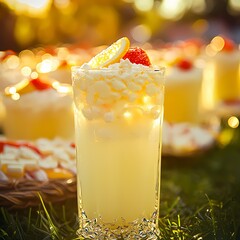 Refreshing Lemonade Drink with Cream and Berries in Sunny Setting