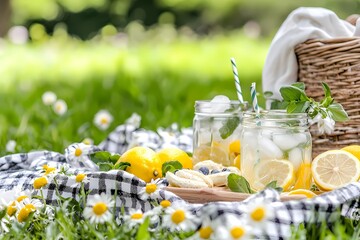 Refreshing Lemonade Picnic Setup with Fresh Ingredients and Nature