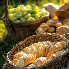 Freshly Baked Bread and Green Grapes in a Natural Setting