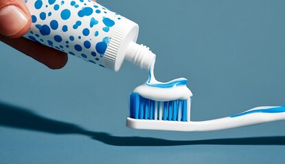 Close-up of a toothpaste tube being applied to a blue and white toothbrush, against a solid color background. .