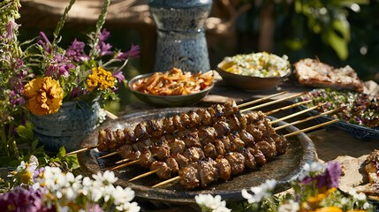 Delicious Grilled Skewers Surrounded by Fresh Flowers and Salads
