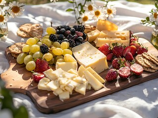 Colorful Cheese Platter with Fruits and Crackers on Wooden Board