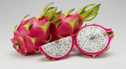 Still life of two whole and sliced dragon fruits with white flesh and black seeds on white background