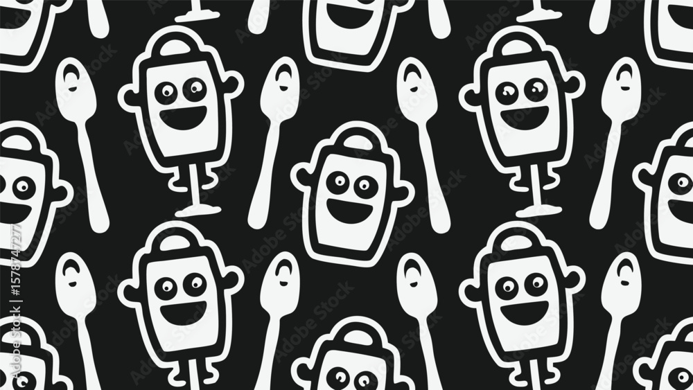 Aufkleber seamless pattern featuring cartoon containers and spoons on a black background that repeats itself