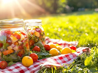Fresh Vegetable Salad Jars on Green Grass with Sunlight Reflections