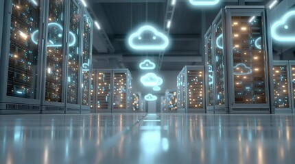 A futuristic server room with glowing cloud icons hovering above racks of servers. The scene represents cloud computing, data storage, digital infrastructure, and advanced information technology. - Powered by Adobe