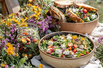 Fresh Garden Salad with Bread and Colorful Flowers in Nature Setting