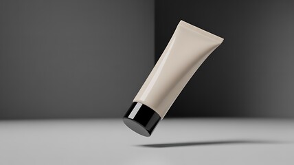 Beige cosmetic cream tube floating in minimal grey background for skincare product display
