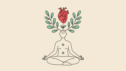 Meditating Figure with Heart & Plant Growth: Symbol of Inner Peace, Spiritual Well-being & Emotional Balance