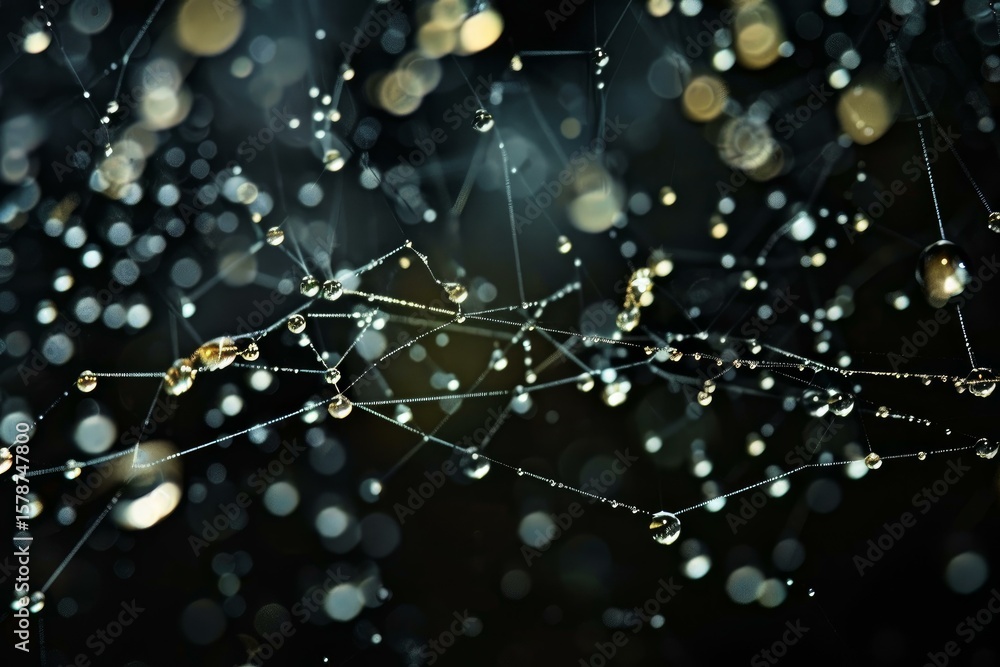 Poster sparkling water droplets clinging to a spiderweb, forming a delicate and intricate network against a