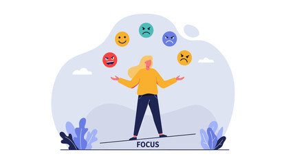 Mental health and emotional balance concept: Woman juggling diverse emotions while maintaining focus on a balance beam.