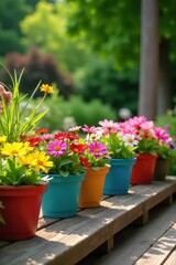 Colorful flower pots on wooden deck in garden surrounded by blooming flowers and lush greenery, bloom, gardening