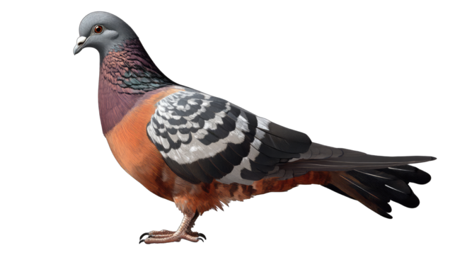Pigeon bird perched with detailed feathers and peaceful expression isolated on white background