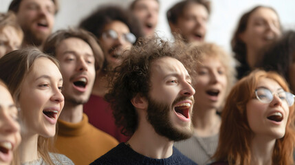Obraz premium Happy group of seniors singing in a choir, elderly people in joyful worship at church, active aging community and retirement lifestyle, uplifting musical performance with passion and harmony