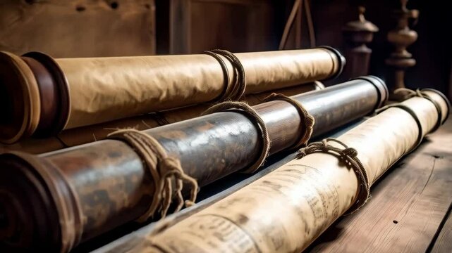 Collection of aged parchment scrolls on a wooden shelf, tied with twine, illuminated by warm light inside a study