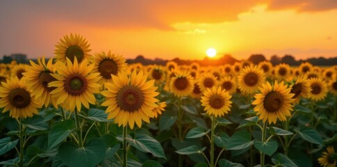 Fototapeta premium Field of tall sunflowers in vibrant yellow with dark green leaves stretching towards a warm orange sunset background, golden light, sunset