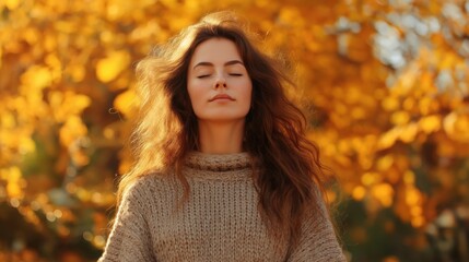 Peaceful woman's portrait, closed eyes, surrounded by glowing golden autumn leaves