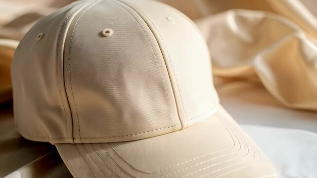 Stylish beige baseball cap displayed against softly draped matching fabric in a minimalist design, neutral tones creating a clean aesthetic.