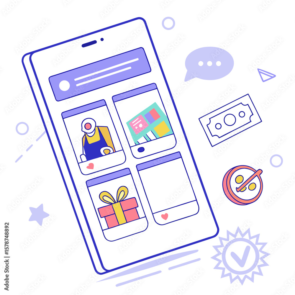 Aufkleber illustration of a smartphone displaying various images with surrounding icons and graphic elements n