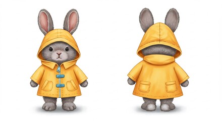 可愛いウサギ 黄色いレインコート 水彩画風イラスト 前後. AI Generated