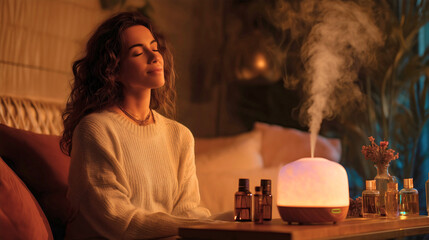 Woman with essential oil diffuser relaxing at home, aromatherapy for wellness, stress relief and self-care, peaceful meditation with mist from an air humidifier, cozy hygge lifestyle for balance