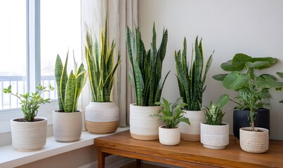 Fototapeta premium Snake Plant Varieties desplayed in multiple pots in one room