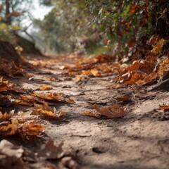 Enchanted Pathway in Autumn with Colorful Leaves and Soft Light