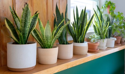 Obraz premium Snake Plant Varieties desplayed in multiple pots in one room
