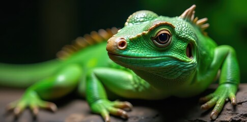 Fototapeta premium Close-up of green lizard's face with spiked scales on back, spikes, close-up, lizard