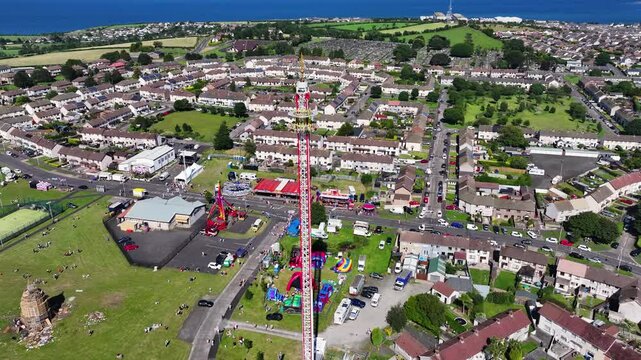 Aerial View of the funfair and amusements for the Eleventh Night Bonfire Celebrations at Craigyhill Larne Northern Ireland 12-07-25 