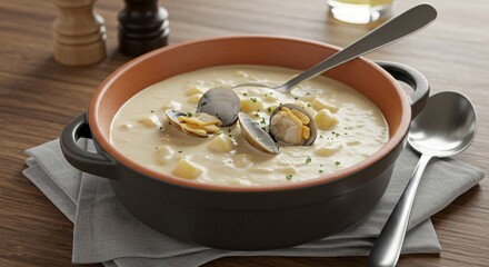 A bowl of clam chowder with potatoes and clams served with spoons on a wooden surface and a napkin
