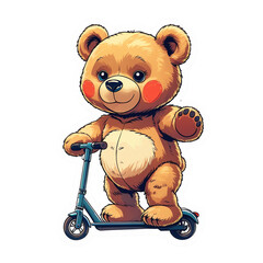A cute cartoon teddy bear with soft brown fur, rosy cheeks, and expressive eyes, riding a blue kick scooter. High-quality sticker on a transparent background, perfect for children's designs.