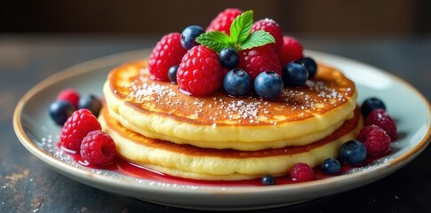 Fluffy pancake topped with a mix of fresh raspberries and blueberries , breakfast, dessert, syrup