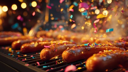 Colorful Celebration with Grilled Sausages and Festive Confetti