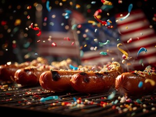 Grilled Sausages Surrounded by Colorful Confetti and American Flags