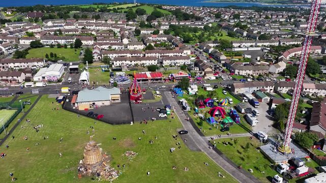 Aerial View of the funfair and amusements for the Eleventh Night Bonfire Celebrations at Craigyhill Larne Northern Ireland 12-07-25 