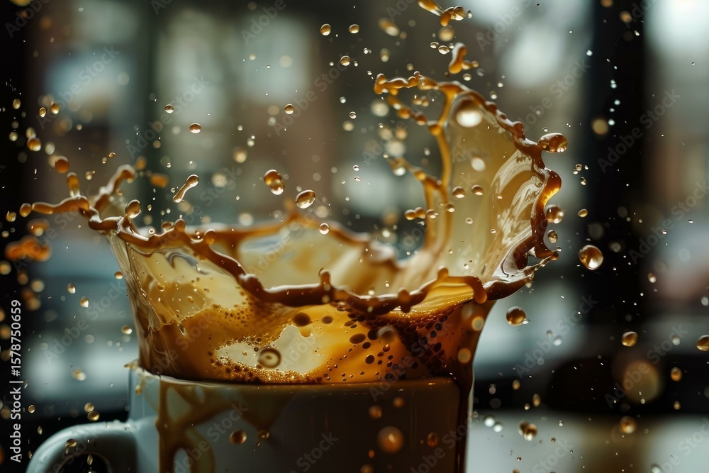 Poster coffee is splashing out of a white mug, creating dynamic droplets and a sense of motion