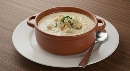 A bowl of creamy chowder soup with garnish on a white plate with a spoon on a wooden table top