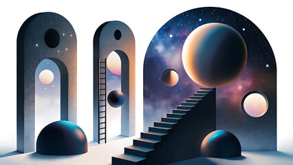 Surreal Abstract Ladders Set In Minimal Style Isolated On White Ground