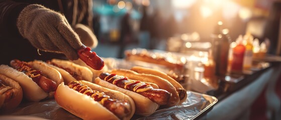 Hand Adding Ketchup to Delicious Grilled Hot Dog with Mustard
