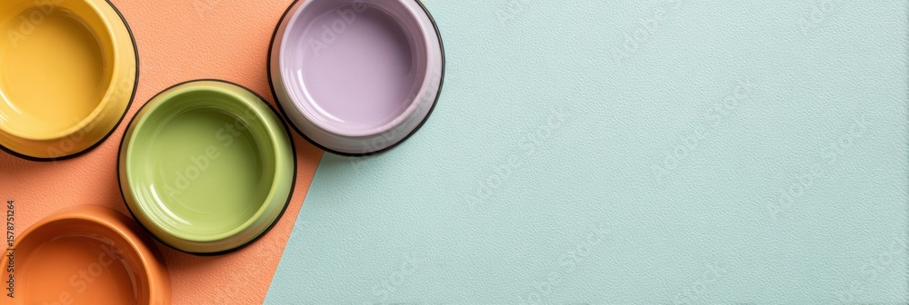 Poster creative pet bowl setup on pastel background with ample space for additional elements or text