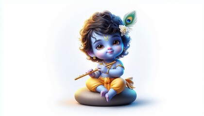 "Little Krishna Playing Flute – Janmashtami Festival Illustration on White Background"